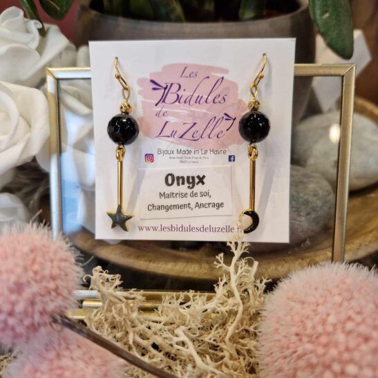 CELESTE boucles d'oreilles dorées onyx lune et étoile