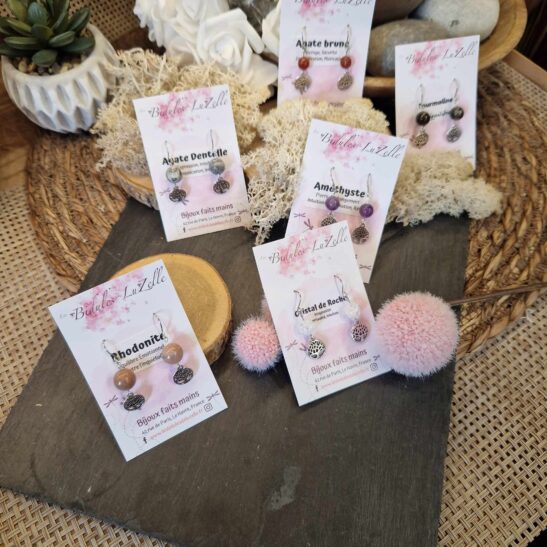 BODHI boucles d'oreilles pierres naturelles et arbre de vie