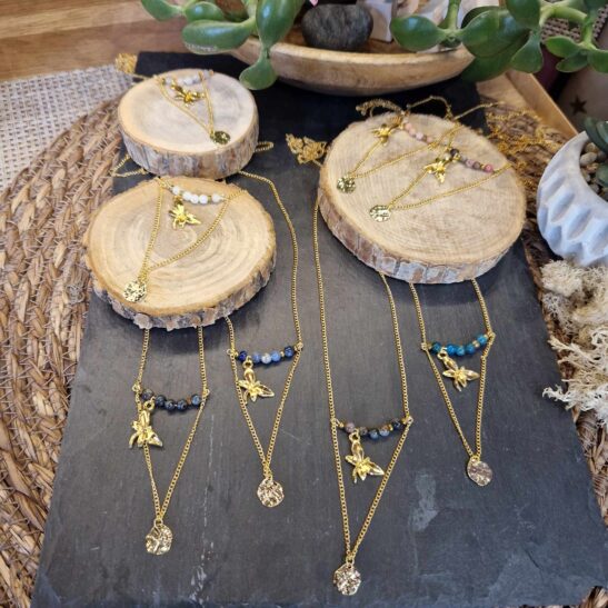 LUDY sautoir doré pierres naturelles et libellule